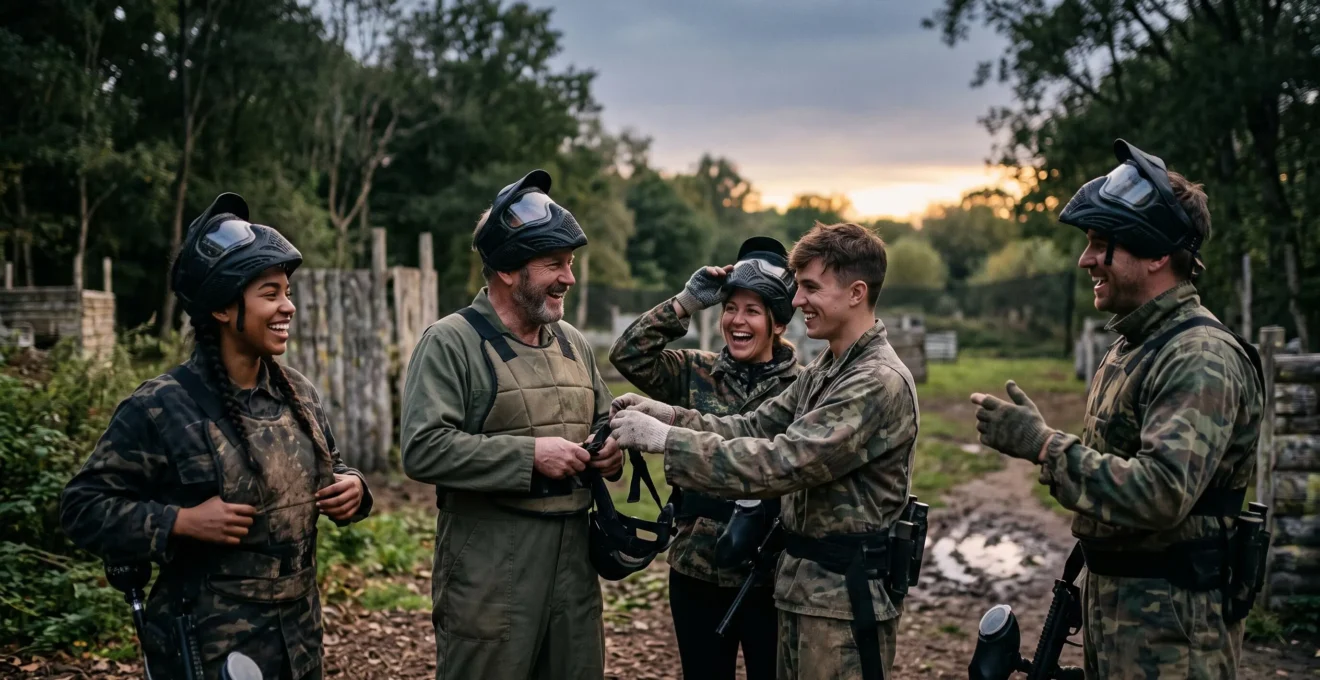 Groupe de joueurs de paintball partageant un moment de convivialité hors du terrain, symbole de l'esprit de club au-delà du jeu