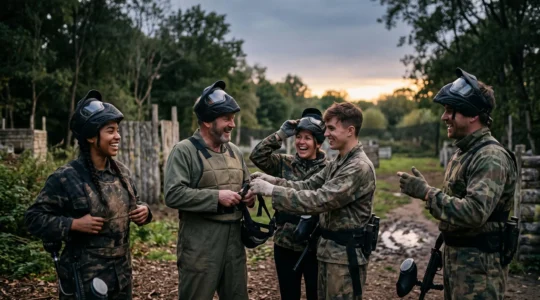 Groupe de joueurs de paintball partageant un moment de convivialité hors du terrain, symbole de l'esprit de club au-delà du jeu