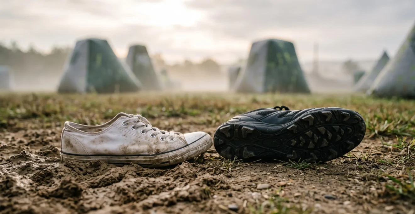 Comparaison symbolique entre une basket de running classique et une chaussure à crampons sur un terrain de paintball boueux