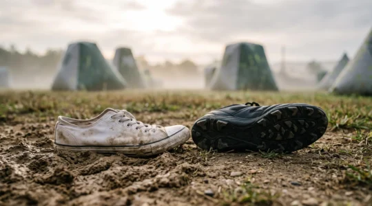 Comparaison symbolique entre une basket de running classique et une chaussure à crampons sur un terrain de paintball boueux