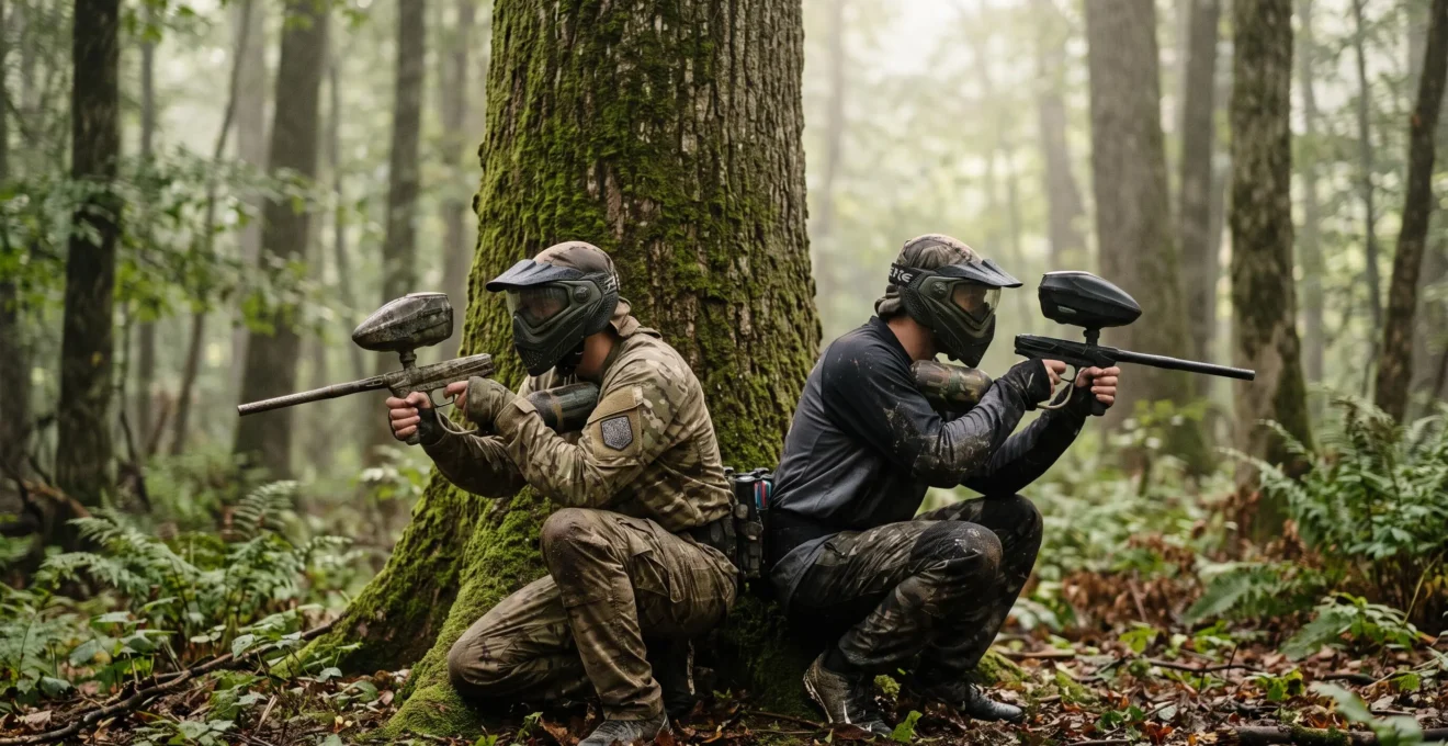 Deux coequipiers de paintball se couvrant mutuellement derriere un arbre sur un terrain boise, incarnant la regle du binome