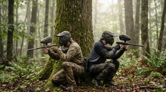 Deux coequipiers de paintball se couvrant mutuellement derriere un arbre sur un terrain boise, incarnant la regle du binome