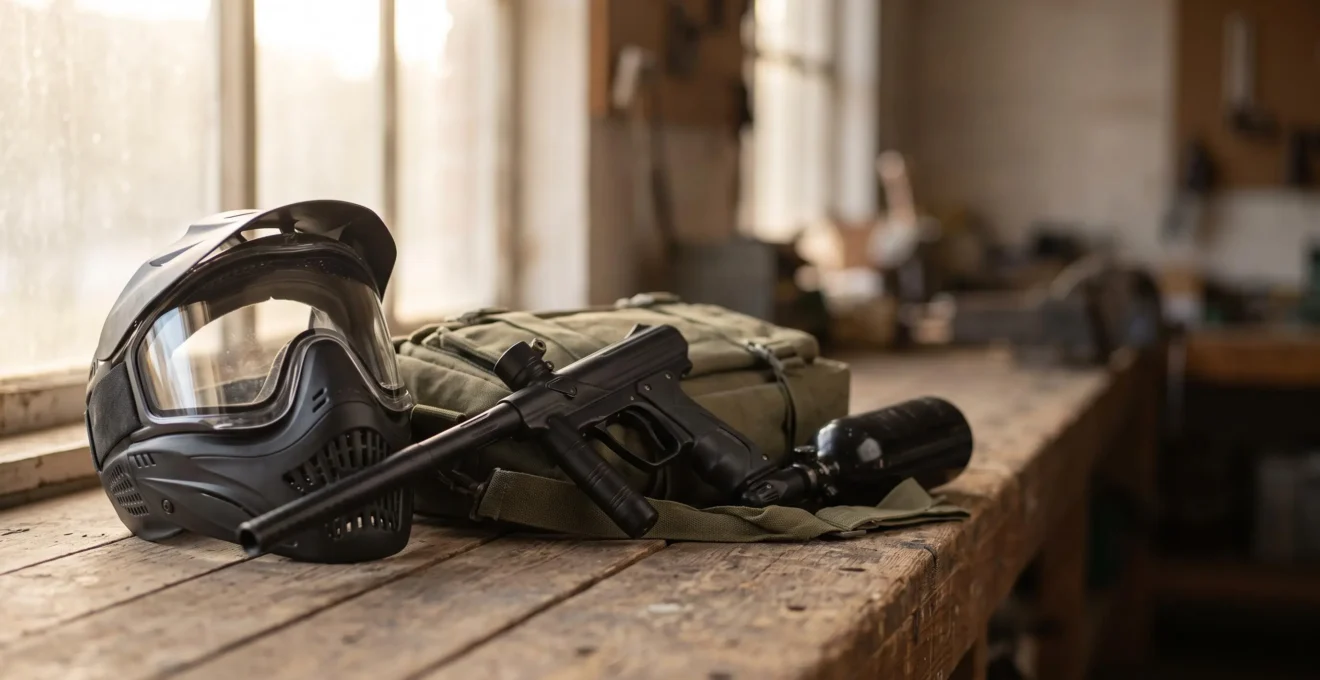 Nature morte d'un masque de paintball, d'un lanceur et d'une bouteille d'air posés sur un établi en bois, symbolisant le budget du premier équipement