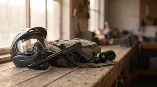 Nature morte d'un masque de paintball, d'un lanceur et d'une bouteille d'air posés sur un établi en bois, symbolisant le budget du premier équipement