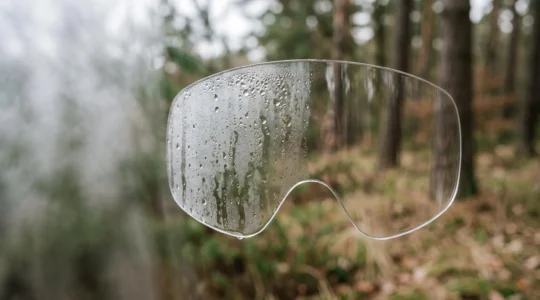 Gros plan artistique sur un écran de masque de protection embué, symbolisant la perte de vision du joueur
