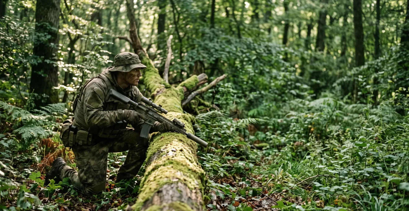 Joueur d'airsoft en tenue camouflage woodland accroupi dans un sous-bois dense, utilisant la végétation et le relief pour se dissimuler