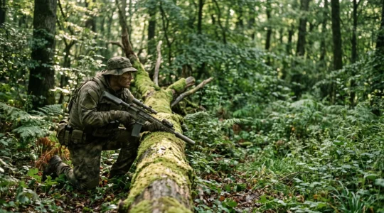 Joueur d'airsoft en tenue camouflage woodland accroupi dans un sous-bois dense, utilisant la végétation et le relief pour se dissimuler