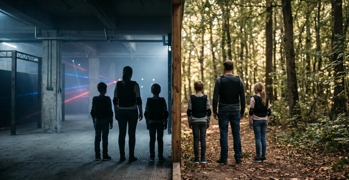 Composition symbolique opposant l'univers lumineux du laser tag et l'univers boise du paintball pour un groupe mixte avec enfants