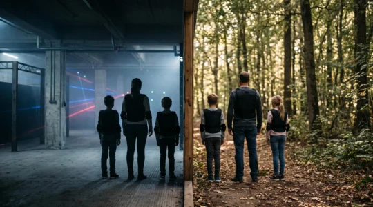Composition symbolique opposant l'univers lumineux du laser tag et l'univers boise du paintball pour un groupe mixte avec enfants