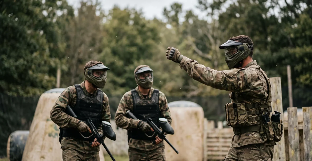 Deux coequipiers de paintball echangeant un signal de la main clair et discret sur un terrain boise
