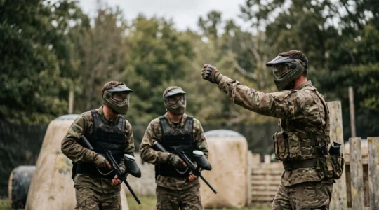 Deux coequipiers de paintball echangeant un signal de la main clair et discret sur un terrain boise