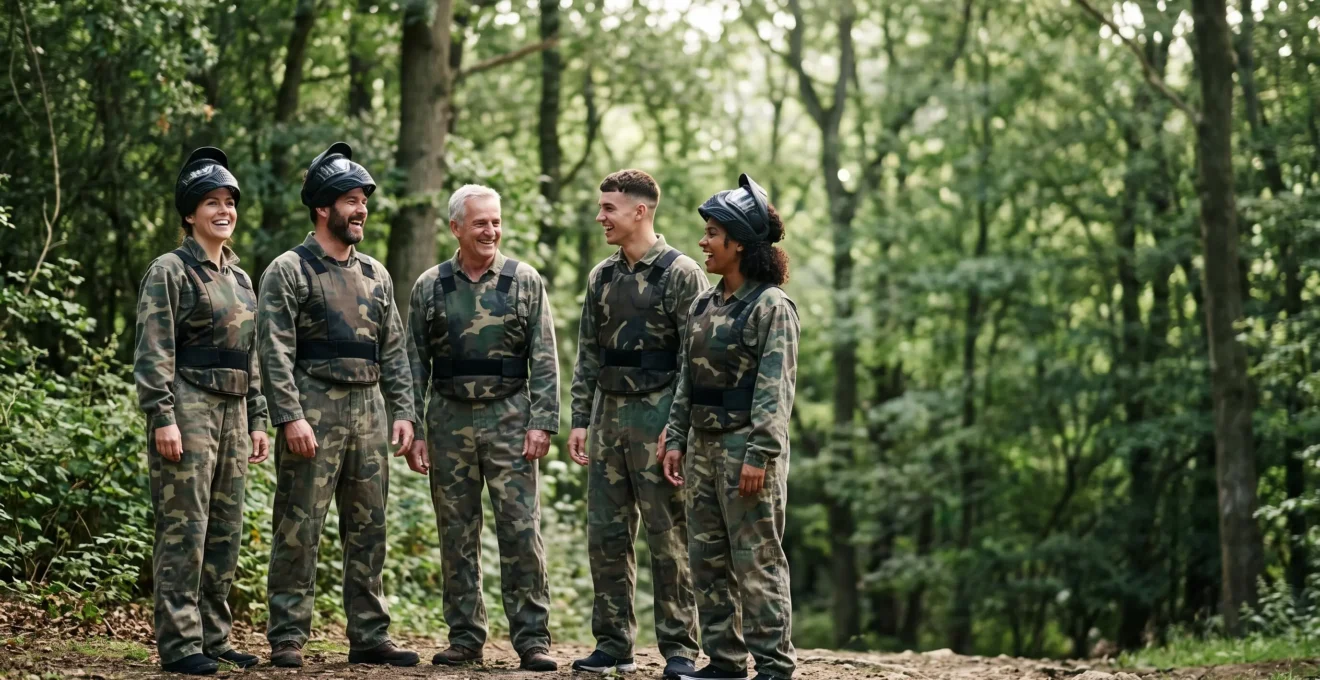 Un groupe de collègues de différents services, en combinaison de paintball, avancent ensemble sur un terrain boisé dans une dynamique de confiance mutuelle