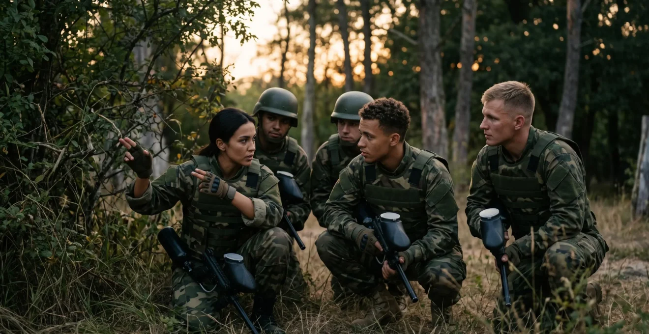 Une equipe de rugbymen appliquant leur cohesion tactique sur un terrain de paintball, illustrant la connexion entre les deux sports.