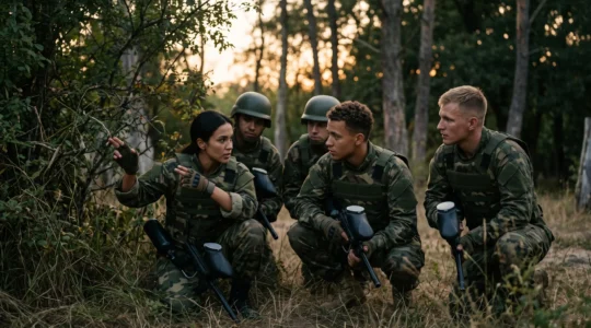 Une equipe de rugbymen appliquant leur cohesion tactique sur un terrain de paintball, illustrant la connexion entre les deux sports.