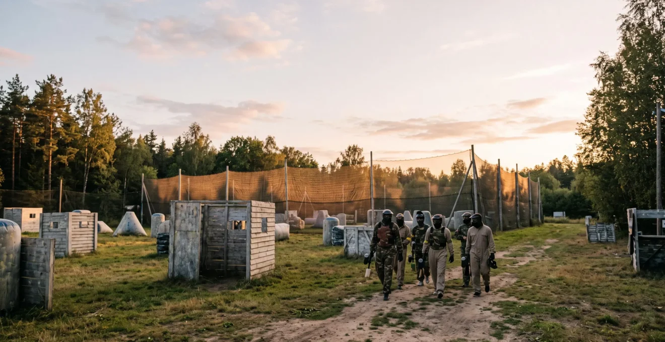 Vue d'ensemble d'un complexe de paintball professionnel avec terrains boisés et infrastructures modernes