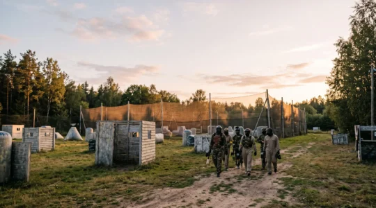 Vue d'ensemble d'un complexe de paintball professionnel avec terrains boisés et infrastructures modernes