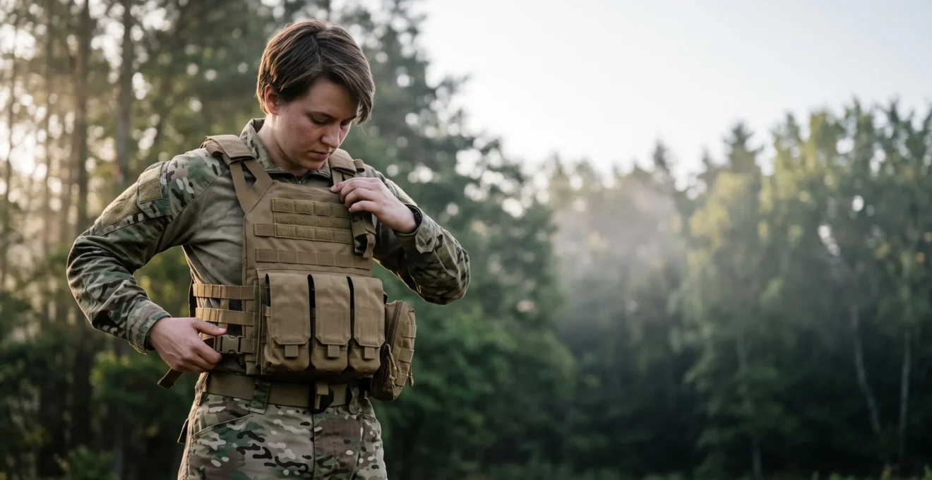 Joueur ajustant les sangles de son gilet tactique MOLLE avant une partie d'airsoft en extérieur