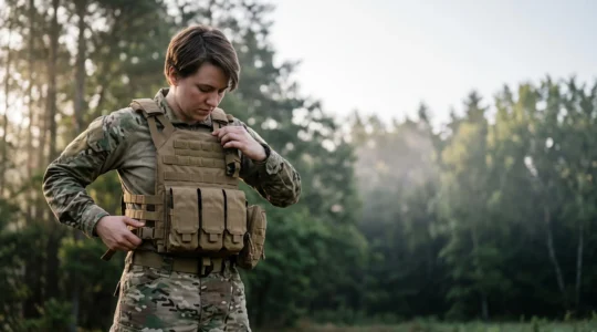 Joueur ajustant les sangles de son gilet tactique MOLLE avant une partie d'airsoft en extérieur