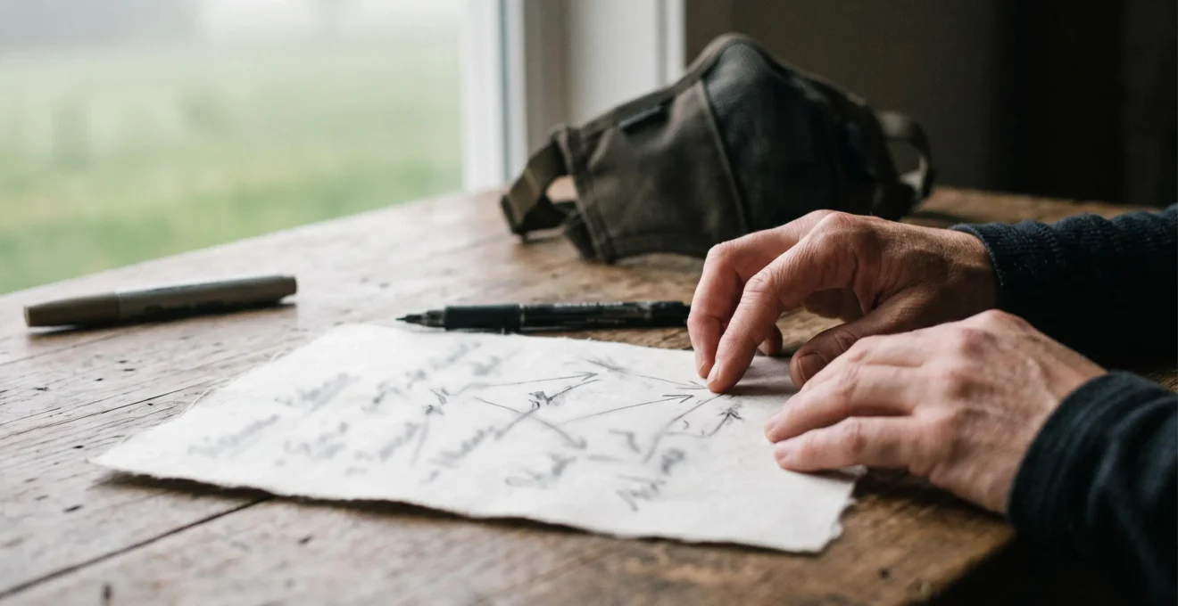 Mains d'un joueur esquissant un plan tactique abstrait sur une feuille, symbole de la préparation avant un match de tir sportif en extérieur
