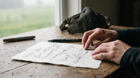 Mains d'un joueur esquissant un plan tactique abstrait sur une feuille, symbole de la préparation avant un match de tir sportif en extérieur