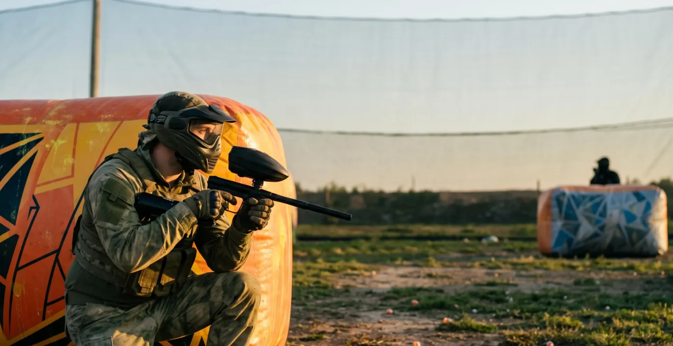 Un joueur de paintball accroupi derriere un bunker gonflable observe un obstacle adverse au loin avant de tenter un assaut