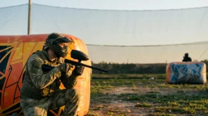 Un joueur de paintball accroupi derriere un bunker gonflable observe un obstacle adverse au loin avant de tenter un assaut