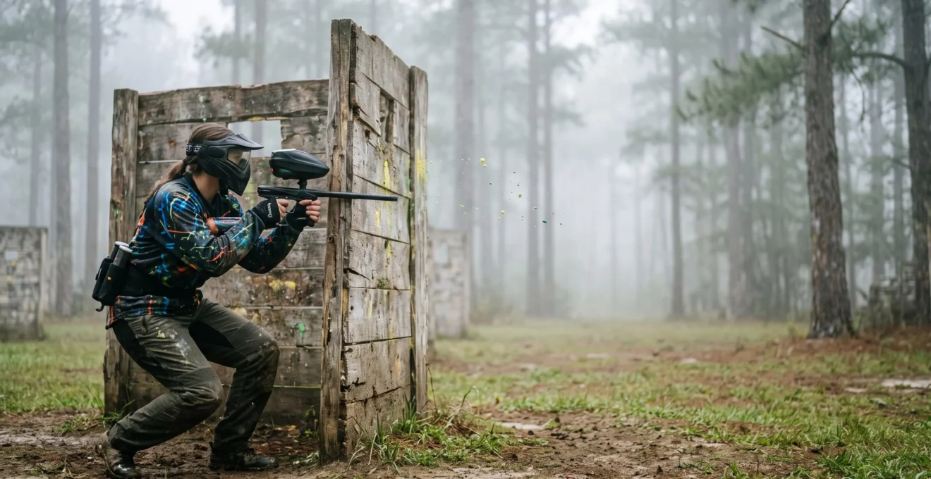 Joueur de paintball accroupi derriere un bunker en bois, masque et maillot recouverts d'un motif agressif eclabousse de peinture, dans un terrain boise embrume