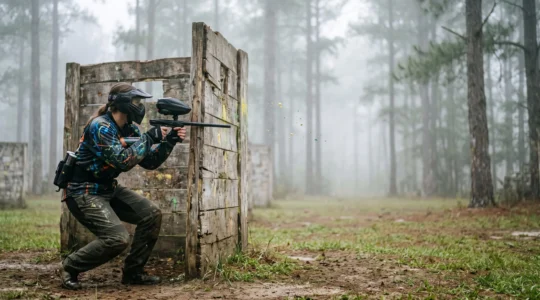 Joueur de paintball accroupi derriere un bunker en bois, masque et maillot recouverts d'un motif agressif eclabousse de peinture, dans un terrain boise embrume