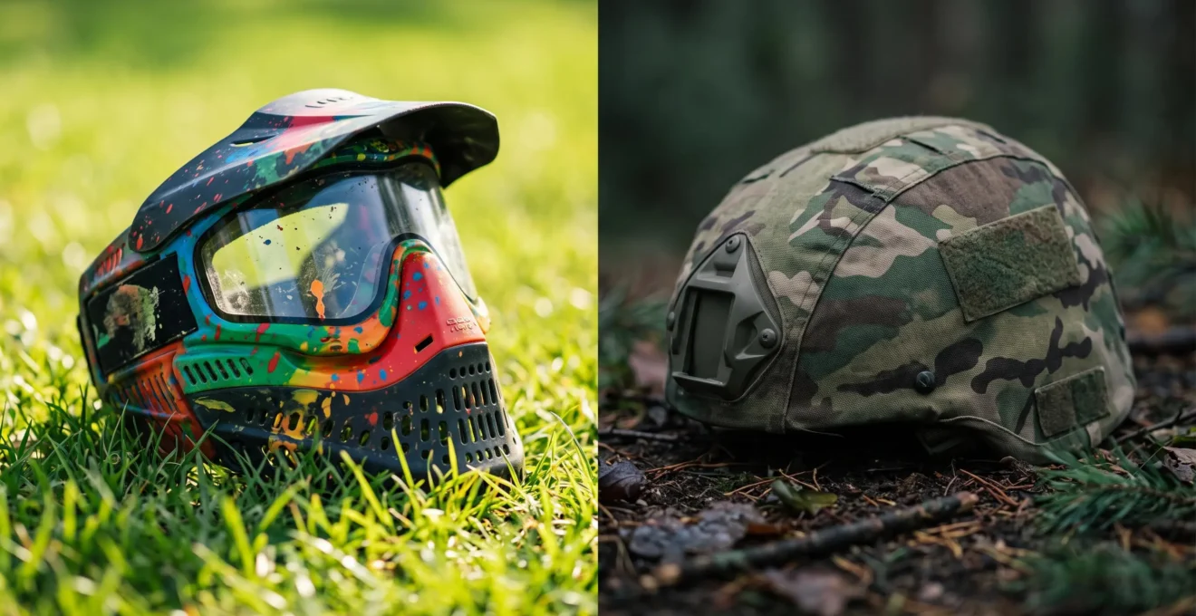 Deux univers du tir sportif face à face : un masque de paintball coloré et un casque tactique de simulation militaire, symbolisant la différence entre paintball sportif et Milsim.