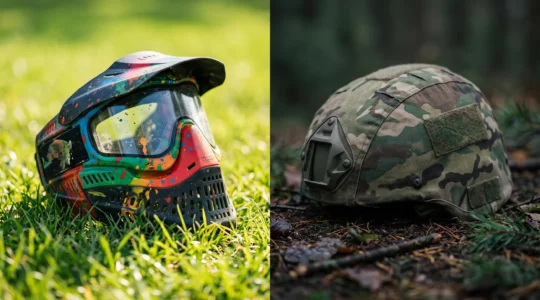 Deux univers du tir sportif face à face : un masque de paintball coloré et un casque tactique de simulation militaire, symbolisant la différence entre paintball sportif et Milsim.