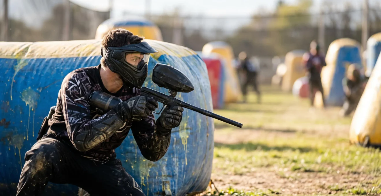 Joueur de paintball accroupi derrière un obstacle, prêt à sortir en snapshooting lors d'un duel tactique