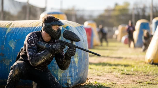 Joueur de paintball accroupi derrière un obstacle, prêt à sortir en snapshooting lors d'un duel tactique