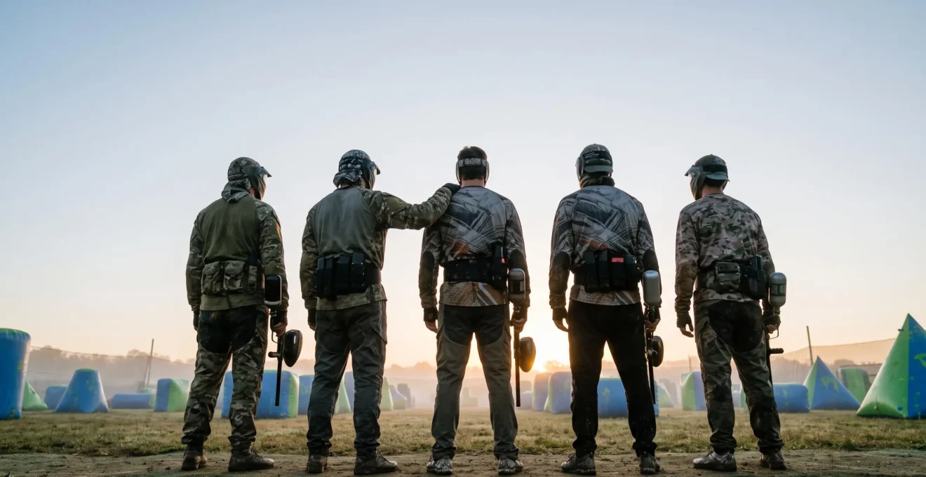 Silhouettes d'une equipe de paintball soudee de dos, face a un terrain vide au lever du jour, symbolisant l'heritage et la transmission d'un collectif sportif