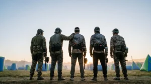 Silhouettes d'une equipe de paintball soudee de dos, face a un terrain vide au lever du jour, symbolisant l'heritage et la transmission d'un collectif sportif