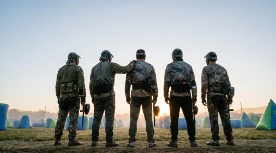 Silhouettes d'une equipe de paintball soudee de dos, face a un terrain vide au lever du jour, symbolisant l'heritage et la transmission d'un collectif sportif