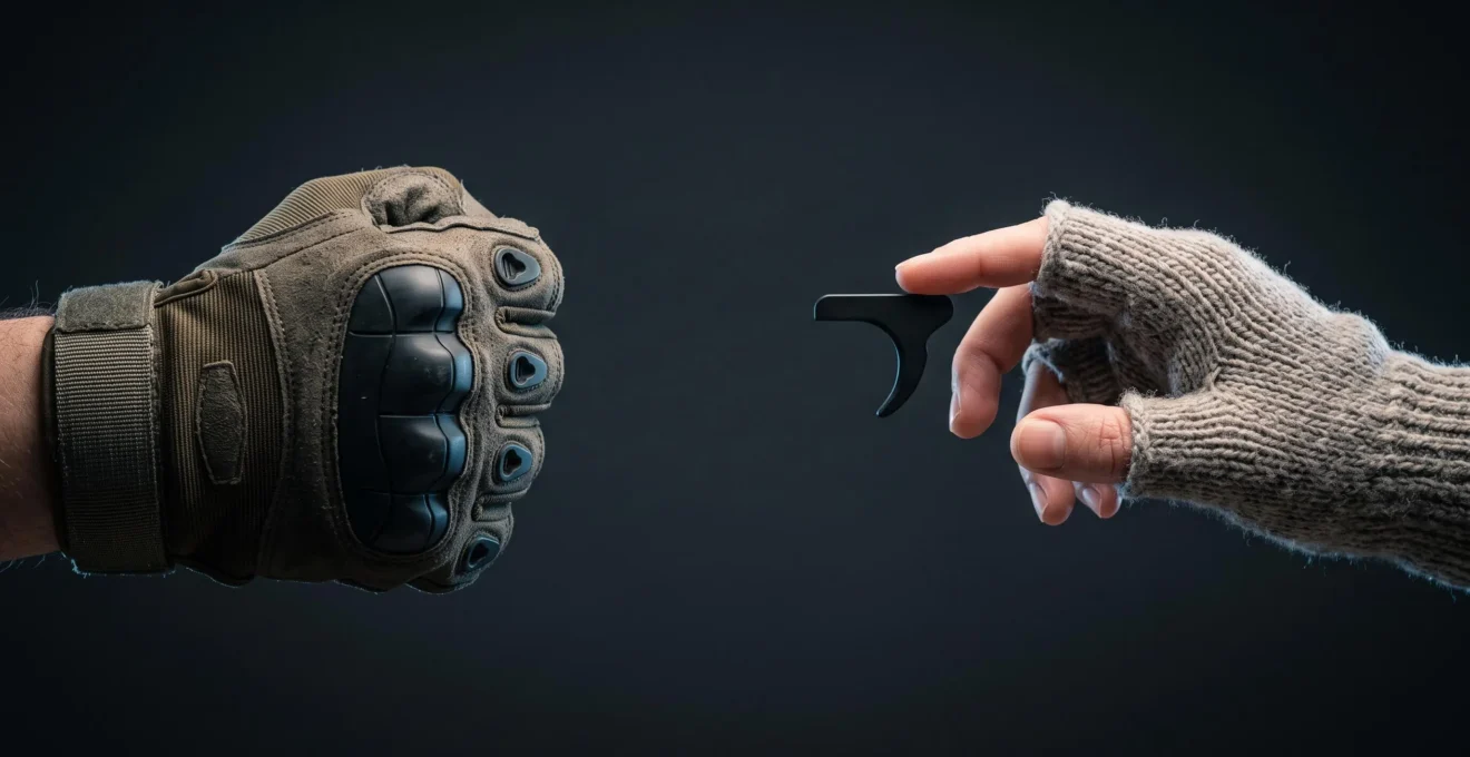 Deux mains de joueurs de paintball equipees differemment, l'une avec un gant complet renforce, l'autre avec une mitaine laissant les doigts libres, illustrant le dilemme protection contre sensibilite