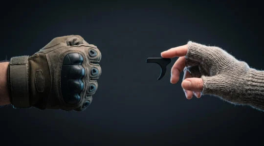 Deux mains de joueurs de paintball equipees differemment, l'une avec un gant complet renforce, l'autre avec une mitaine laissant les doigts libres, illustrant le dilemme protection contre sensibilite