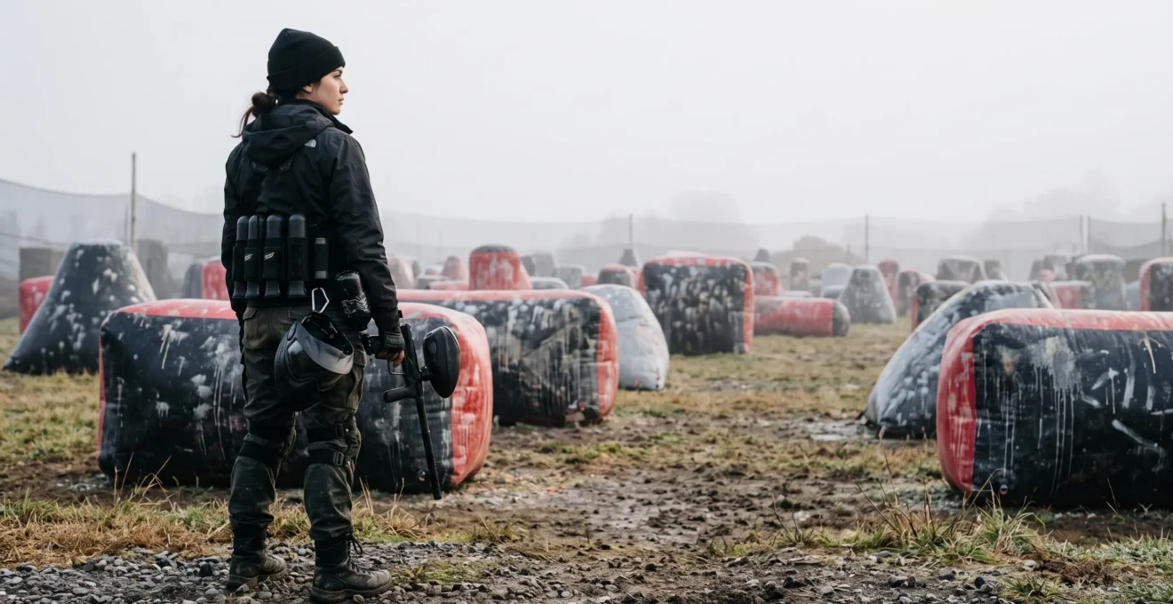 Joueur de paintball en tenue streetwear sur un terrain dont les bunkers portent des traces de peinture façon graffiti, symbole de la fusion entre sport tactique et culture urbaine