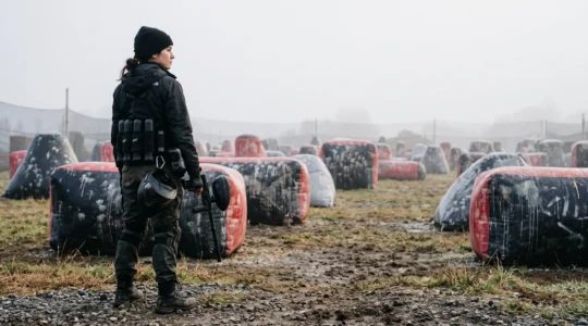 Joueur de paintball en tenue streetwear sur un terrain dont les bunkers portent des traces de peinture façon graffiti, symbole de la fusion entre sport tactique et culture urbaine