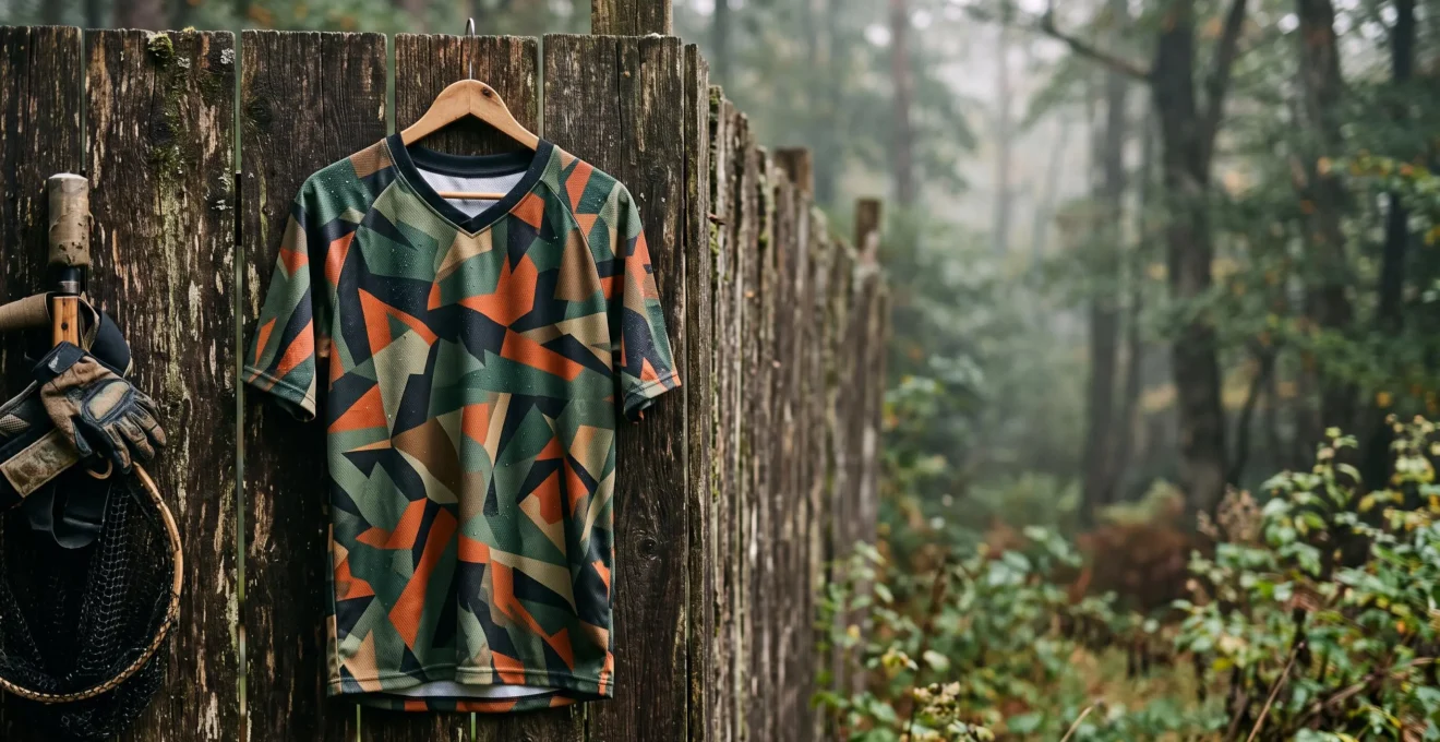 Maillot de paintball personnalisé accroché en pleine lumière, symbole de l'identité et de la fierté d'une équipe