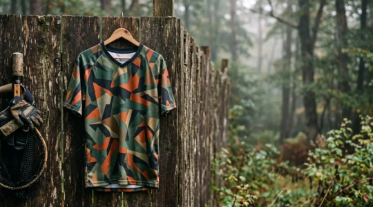 Maillot de paintball personnalisé accroché en pleine lumière, symbole de l'identité et de la fierté d'une équipe