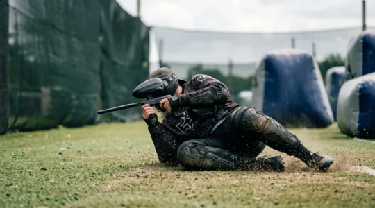 Joueur de paintball en position de glissade portant des genouillères et coudières techniques sur un terrain extérieur