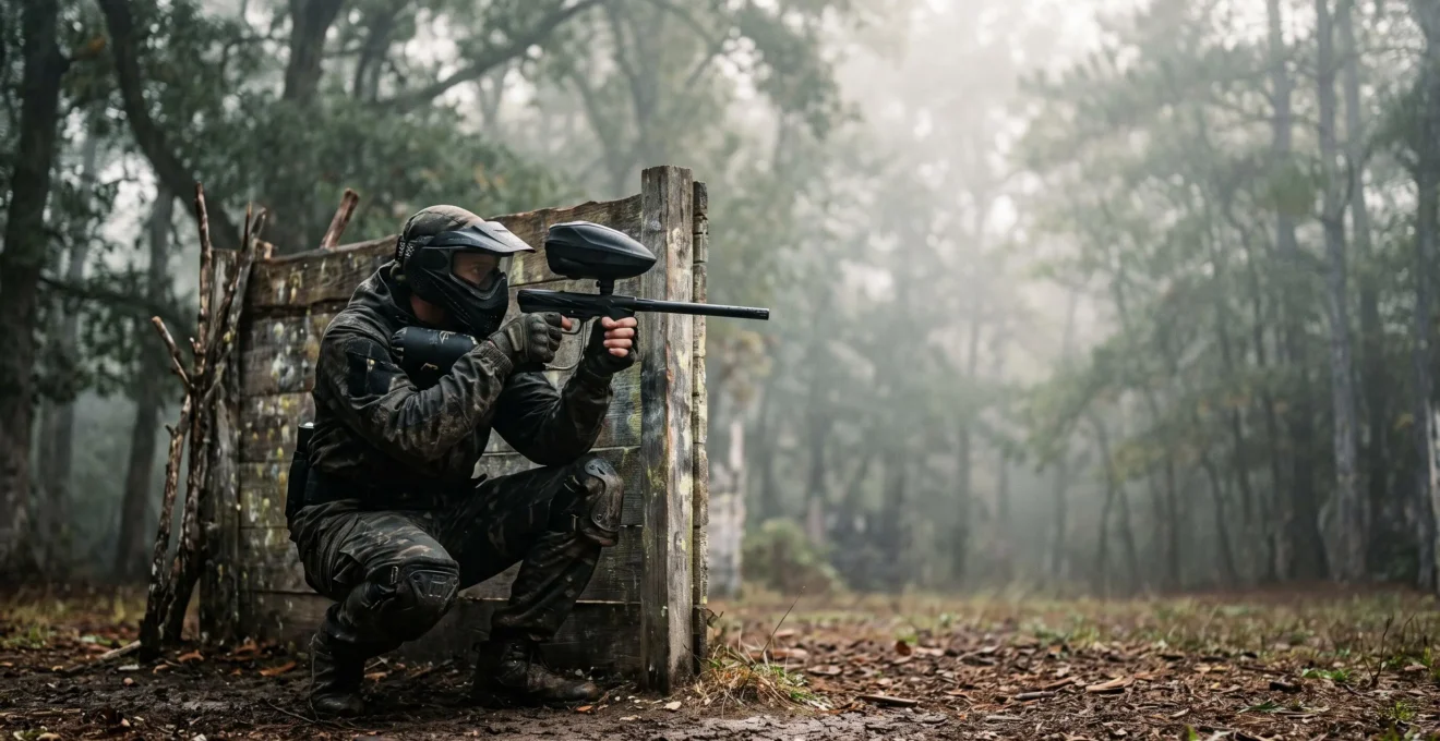Un joueur de paintball seul, accroupi derrière un obstacle sur un terrain boisé, en pleine séance d'entraînement individuel