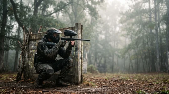 Un joueur de paintball seul, accroupi derrière un obstacle sur un terrain boisé, en pleine séance d'entraînement individuel