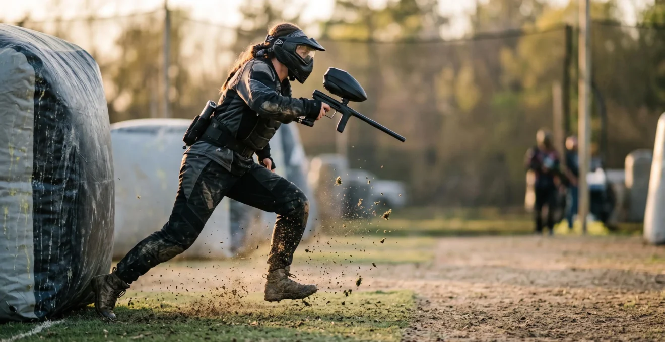 Un joueur de paintball jaillit d'un bunker dans une explosion de mouvement, symbolisant l'explosivité nécessaire pour atteindre le snake au break.
