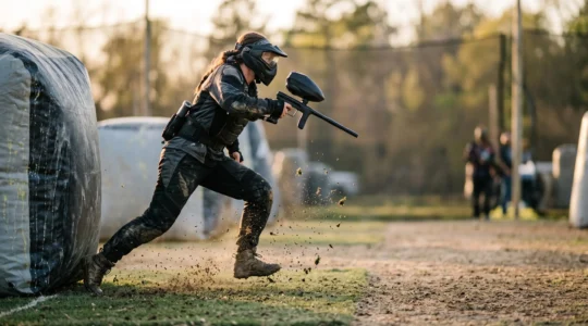 Un joueur de paintball jaillit d'un bunker dans une explosion de mouvement, symbolisant l'explosivité nécessaire pour atteindre le snake au break.