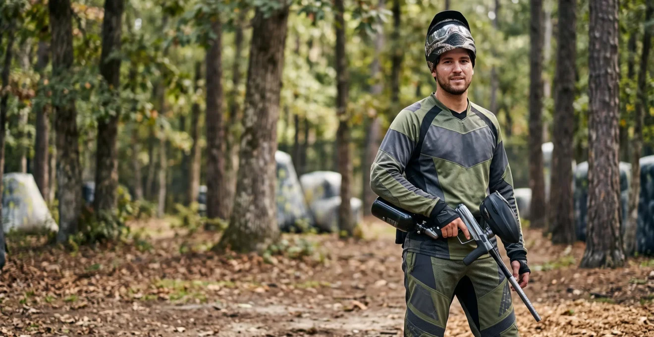 Joueur de paintball équipé d'un ensemble haut-bas parfaitement assorti sur un terrain extérieur