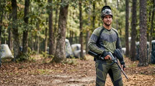 Joueur de paintball équipé d'un ensemble haut-bas parfaitement assorti sur un terrain extérieur