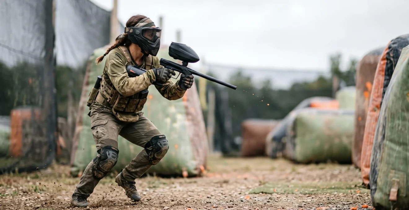 Joueur de paintball en action sur un terrain, marqueur équipé d'un loader électronique compact, ambiance dynamique de compétition
