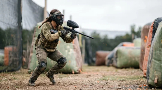 Joueur de paintball en action sur un terrain, marqueur équipé d'un loader électronique compact, ambiance dynamique de compétition